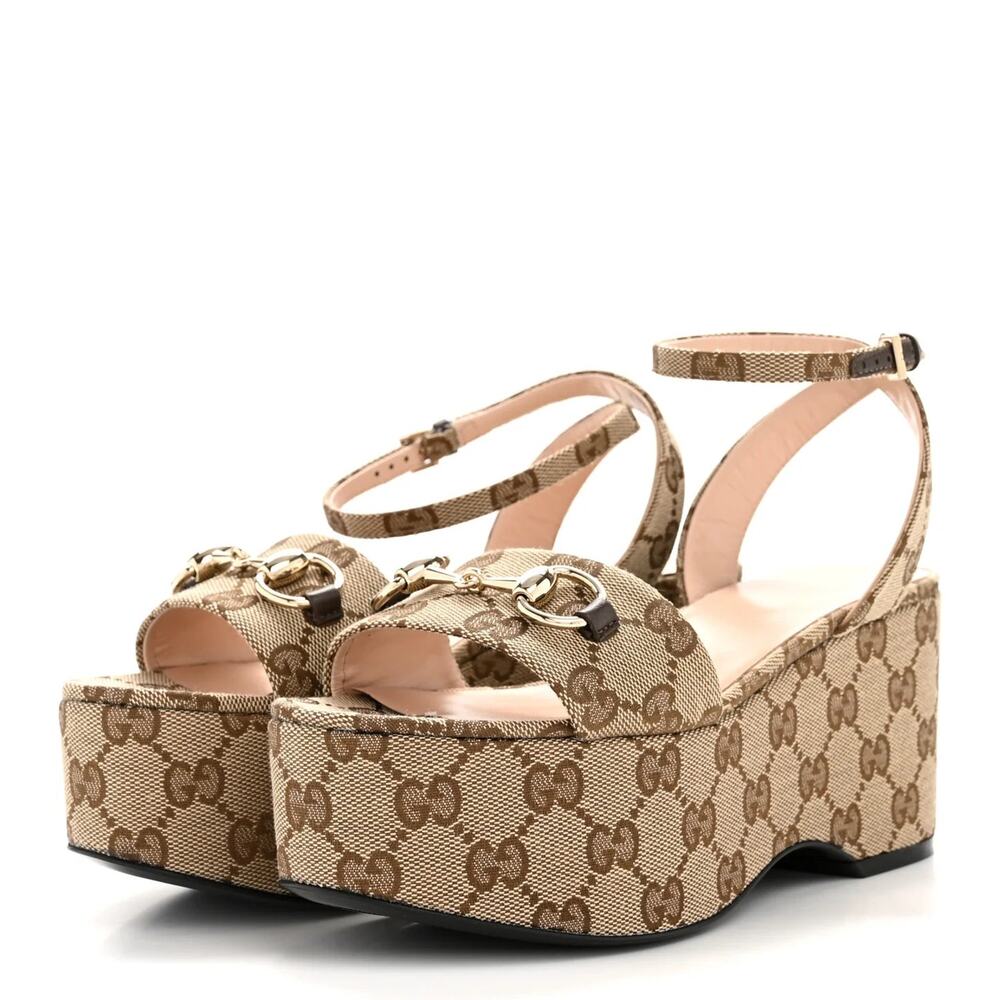 Gucci Monogram Nappa Chalotte Horsebit Ankle Strap Platform Sandals Beige 37.5